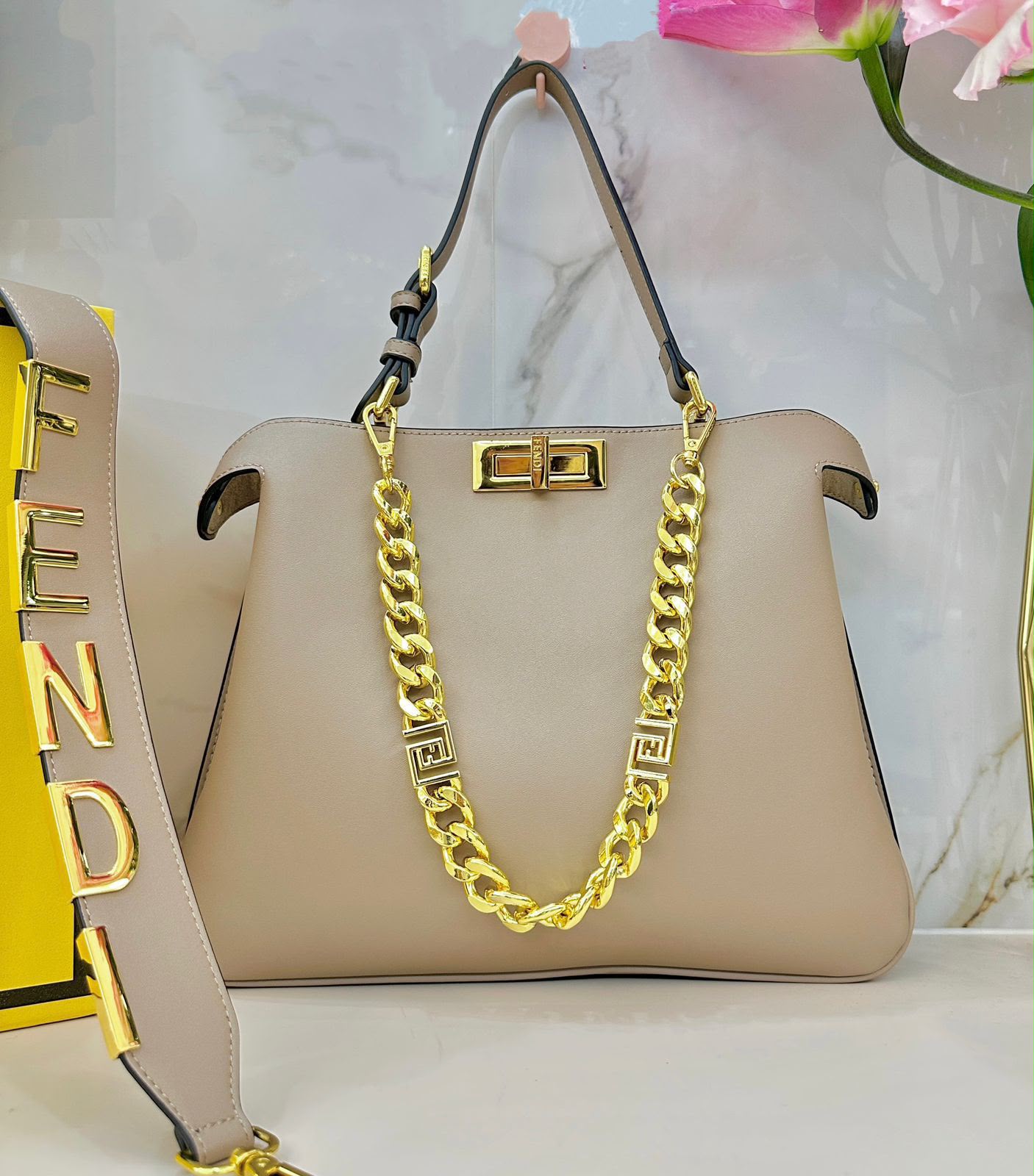 Beige Fendi style gold chain shoulder bag 36 cm
