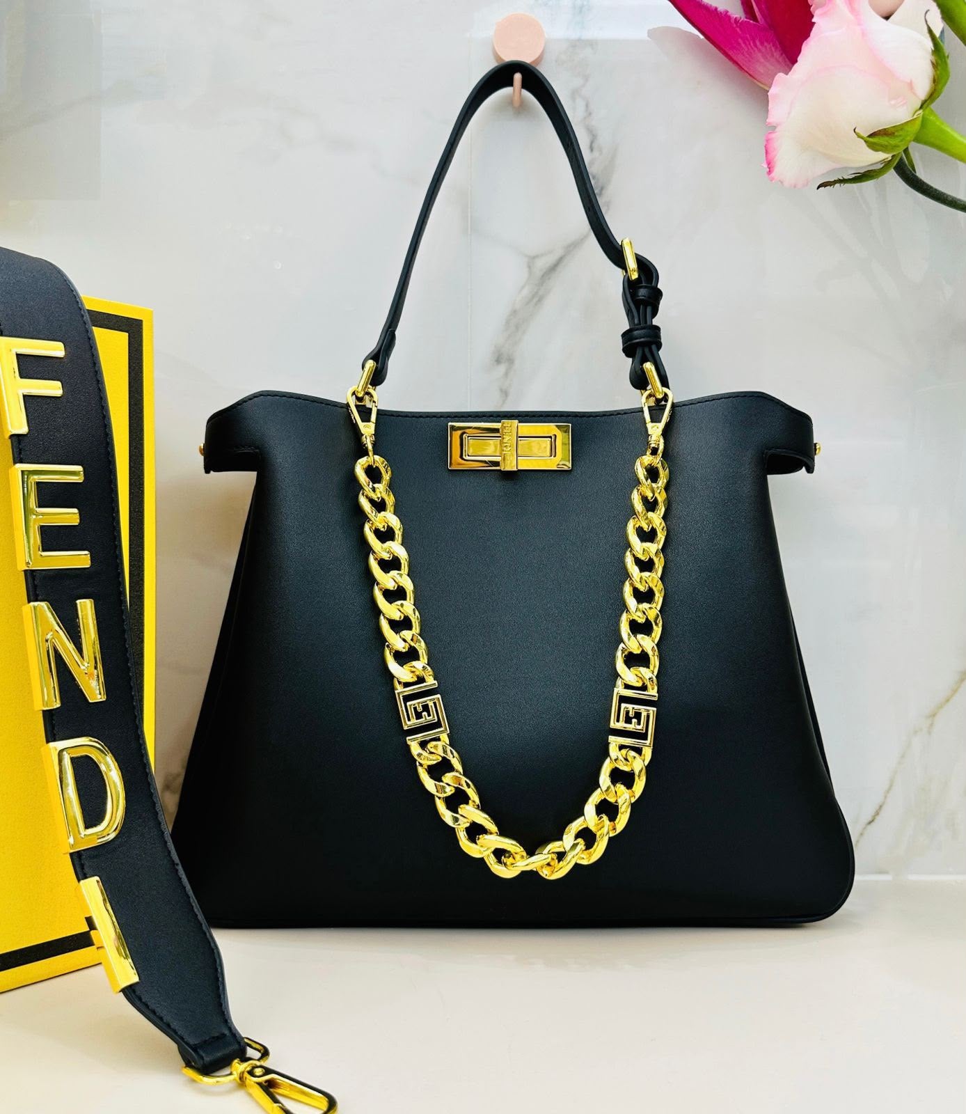 Dark Green Fendi style gold chain shoulder bag 36 cm