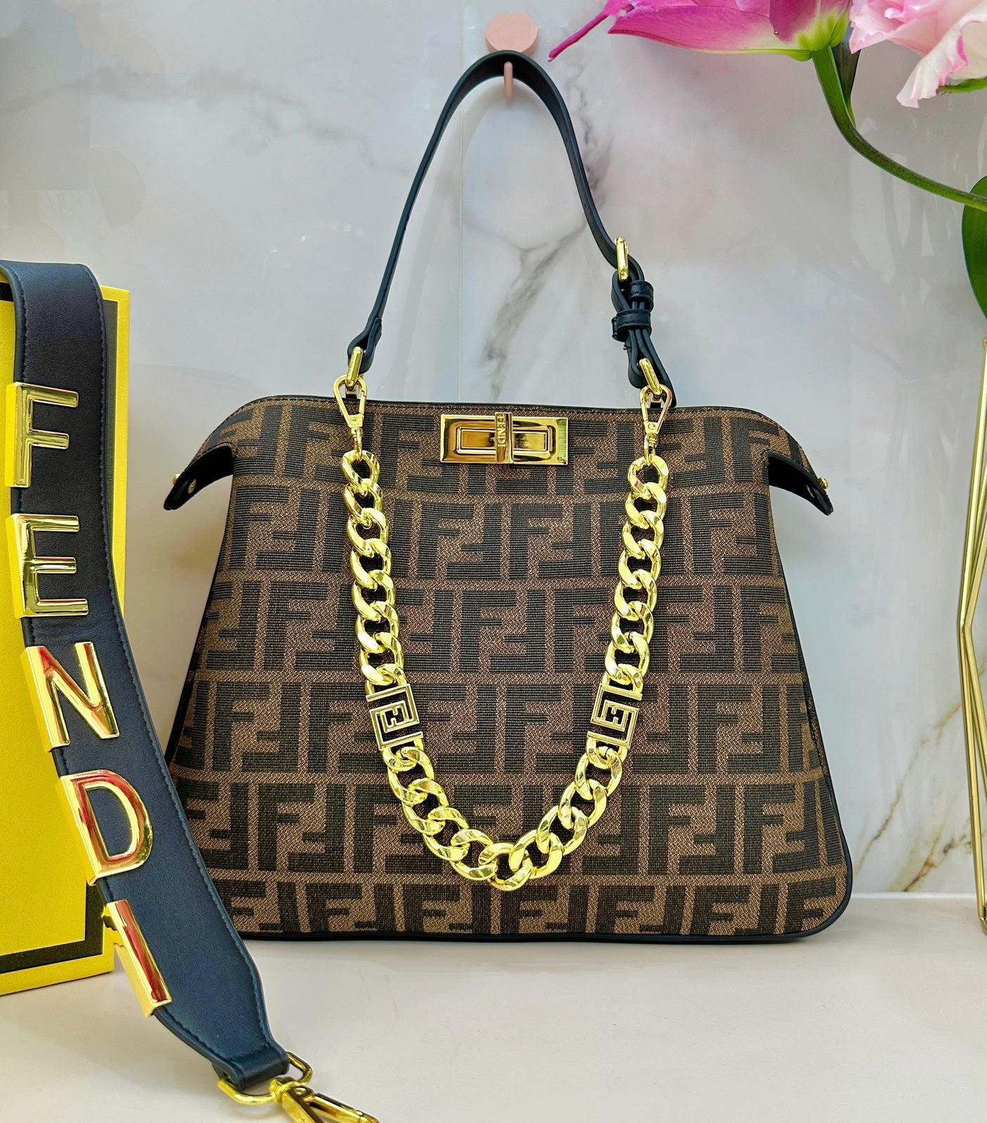 Dark Brown Fendi style gold chain shoulder bag 36 cm