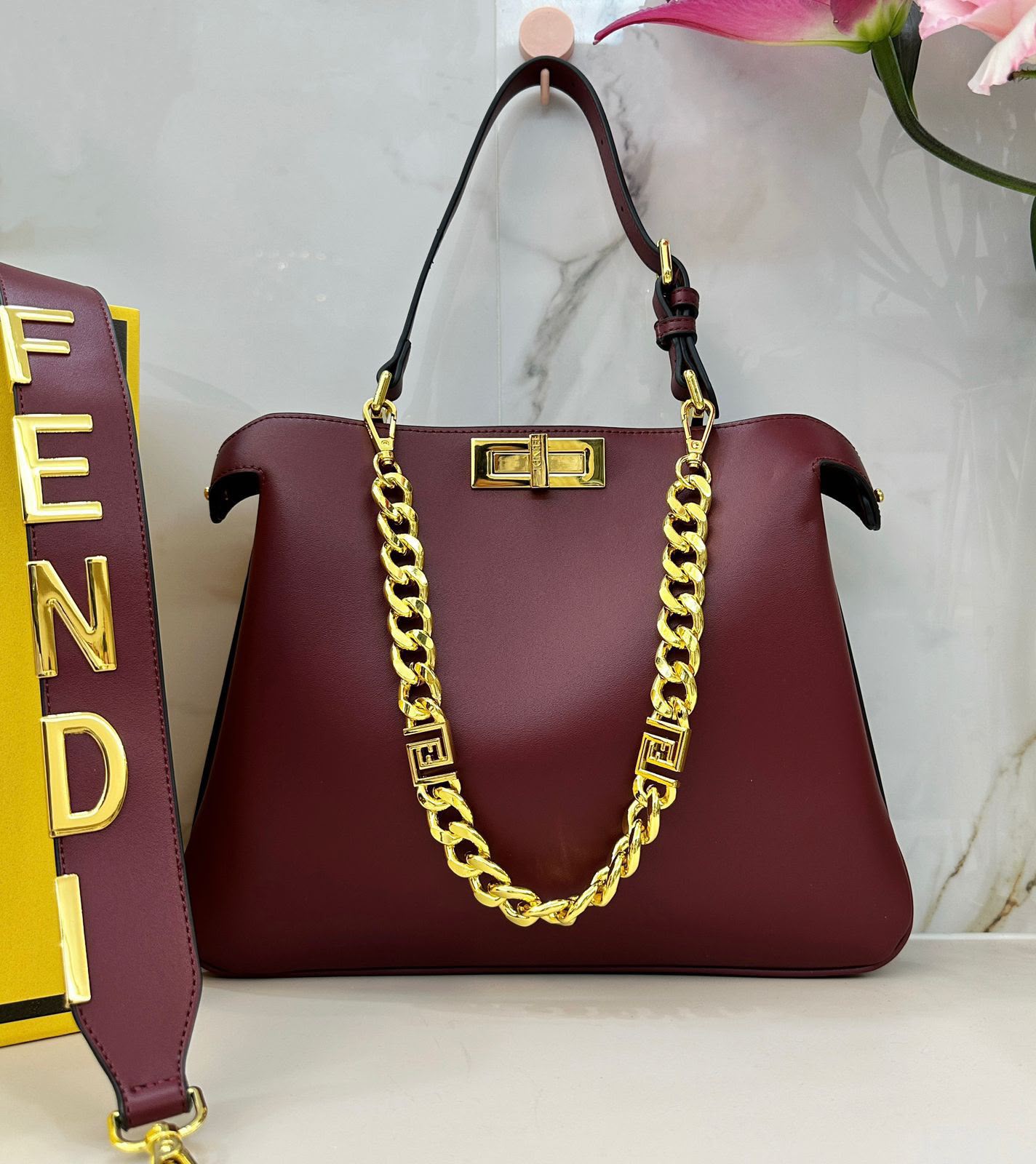 Monogram Red Fendi style gold chain shoulder bag 36 cm