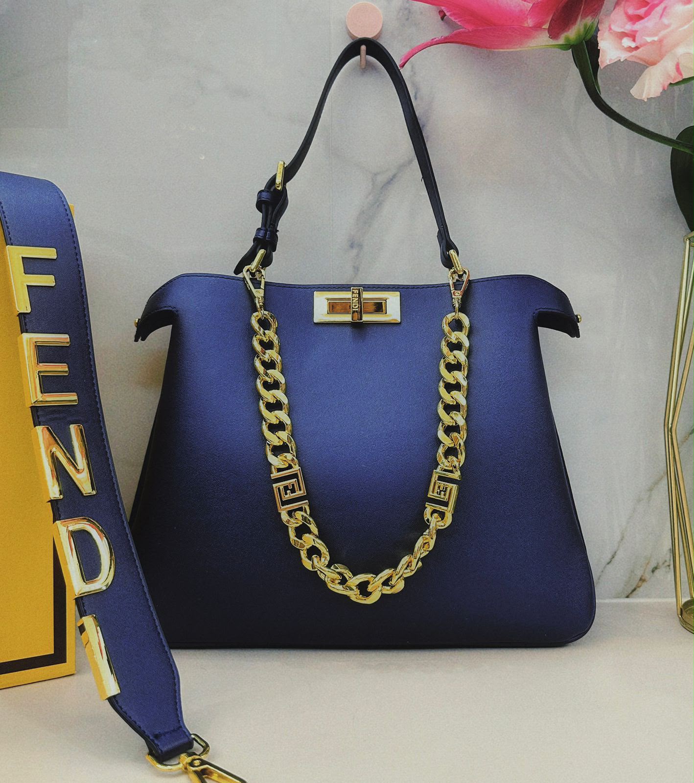 Navy Blue Fendi style gold chain shoulder bag 36 cm