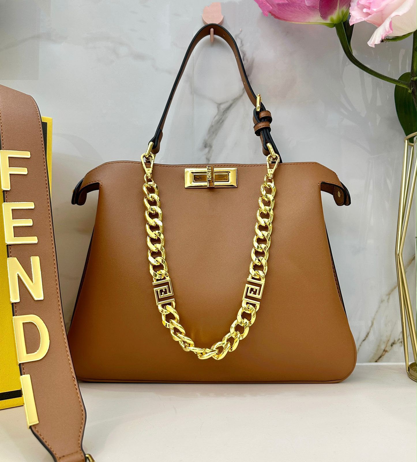 Camel Brown Fendi style gold chain shoulder bag 36 cm