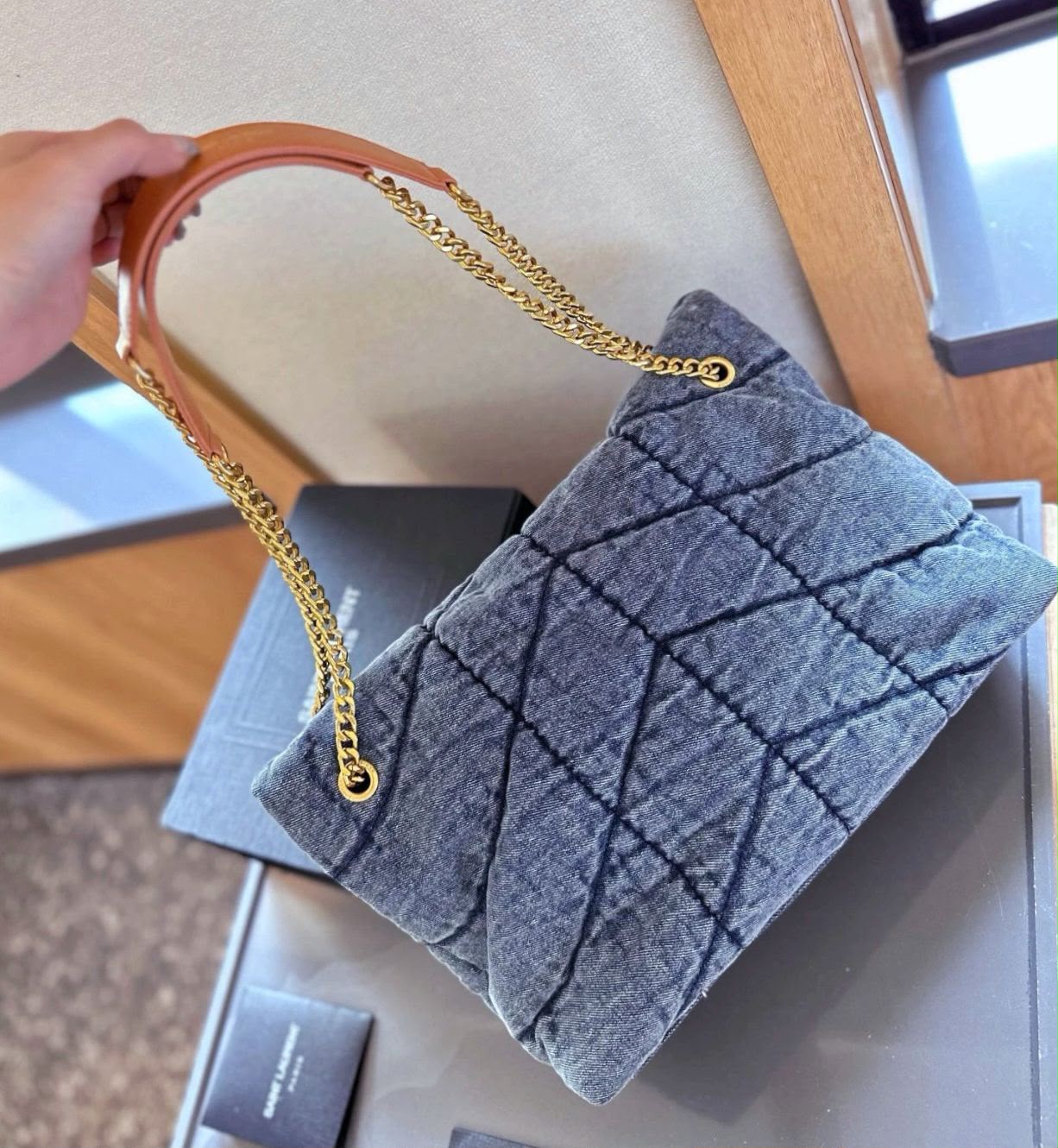 Denim Quilted Chain Shoulder Bag for Women