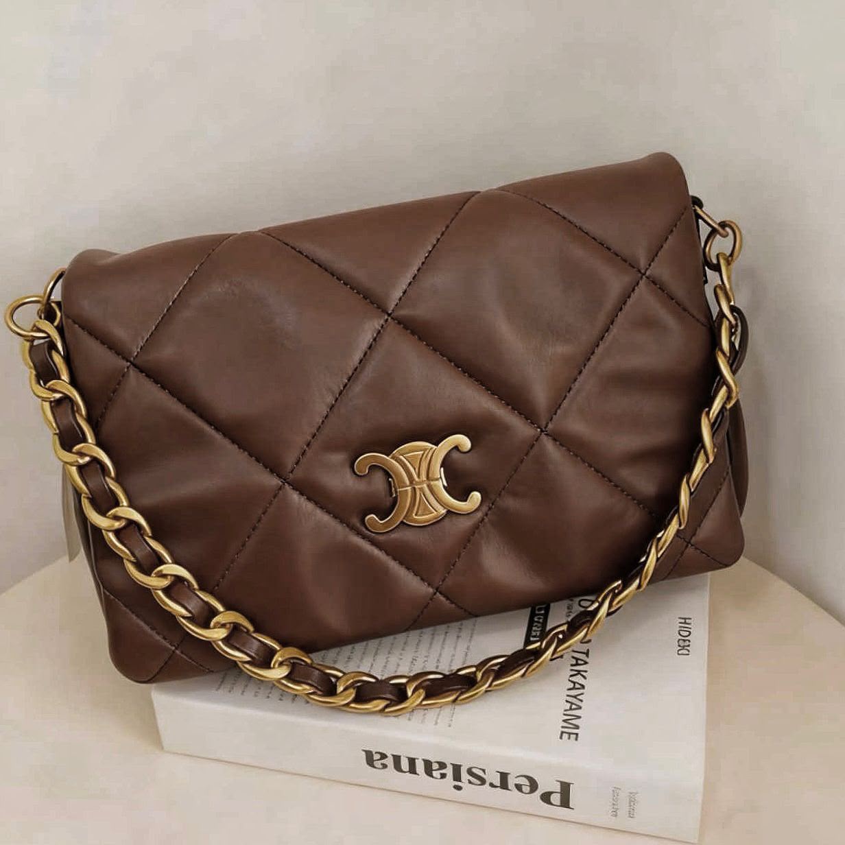 Luxury Quilted Leather Shoulder Bag – 32cm, Black & Brown, Master Quality
