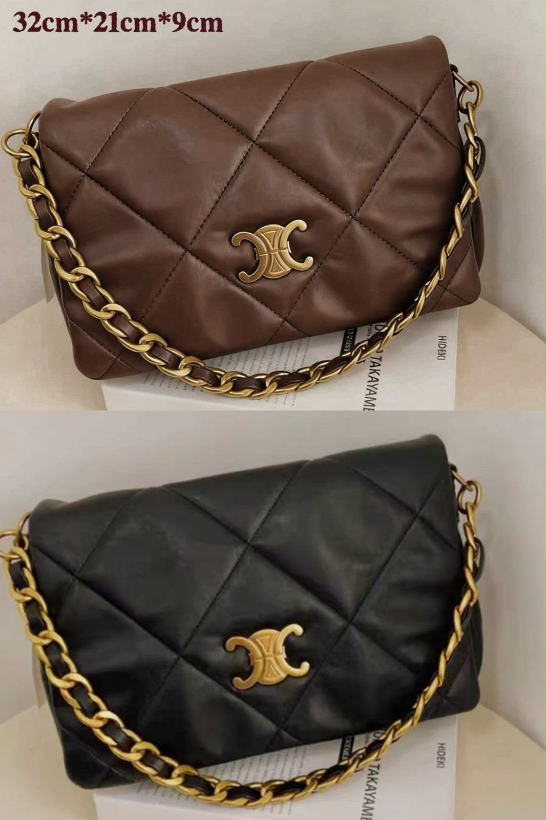 Luxury Quilted Leather Shoulder Bag – 32cm, Black & Brown, Master Quality