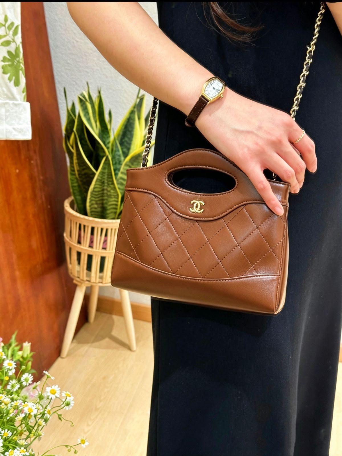 Brown Quilted Leather Style Crossbody Handbag with Chain Strap