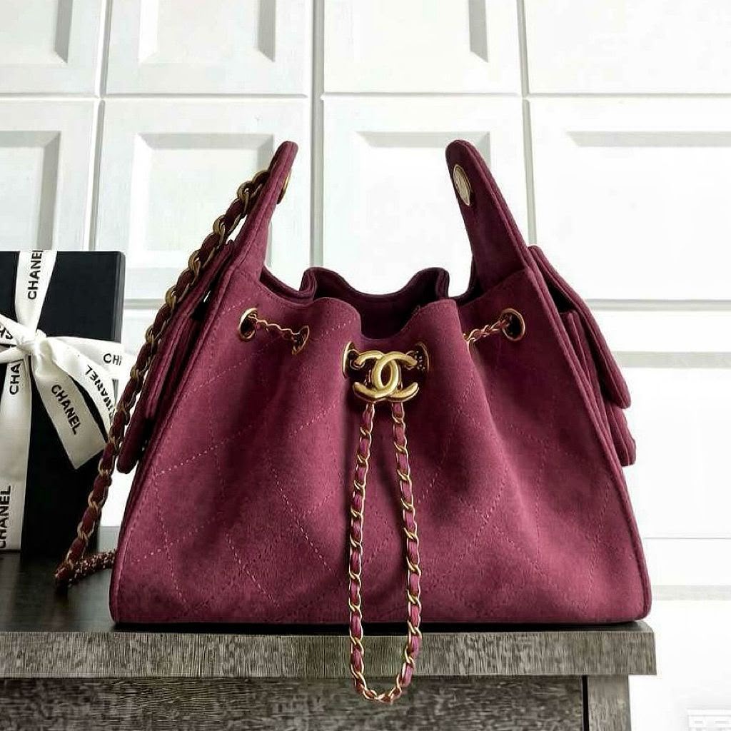 Quilted Drawstring Bucket Bag 28 cm - Maroon