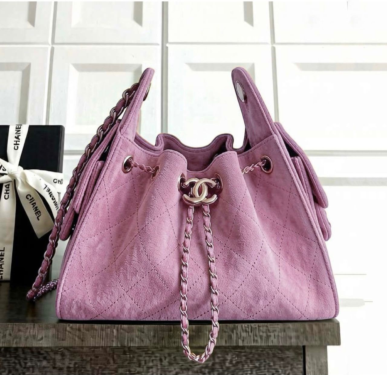 Quilted Drawstring Bucket Bag 28 cm - Pink