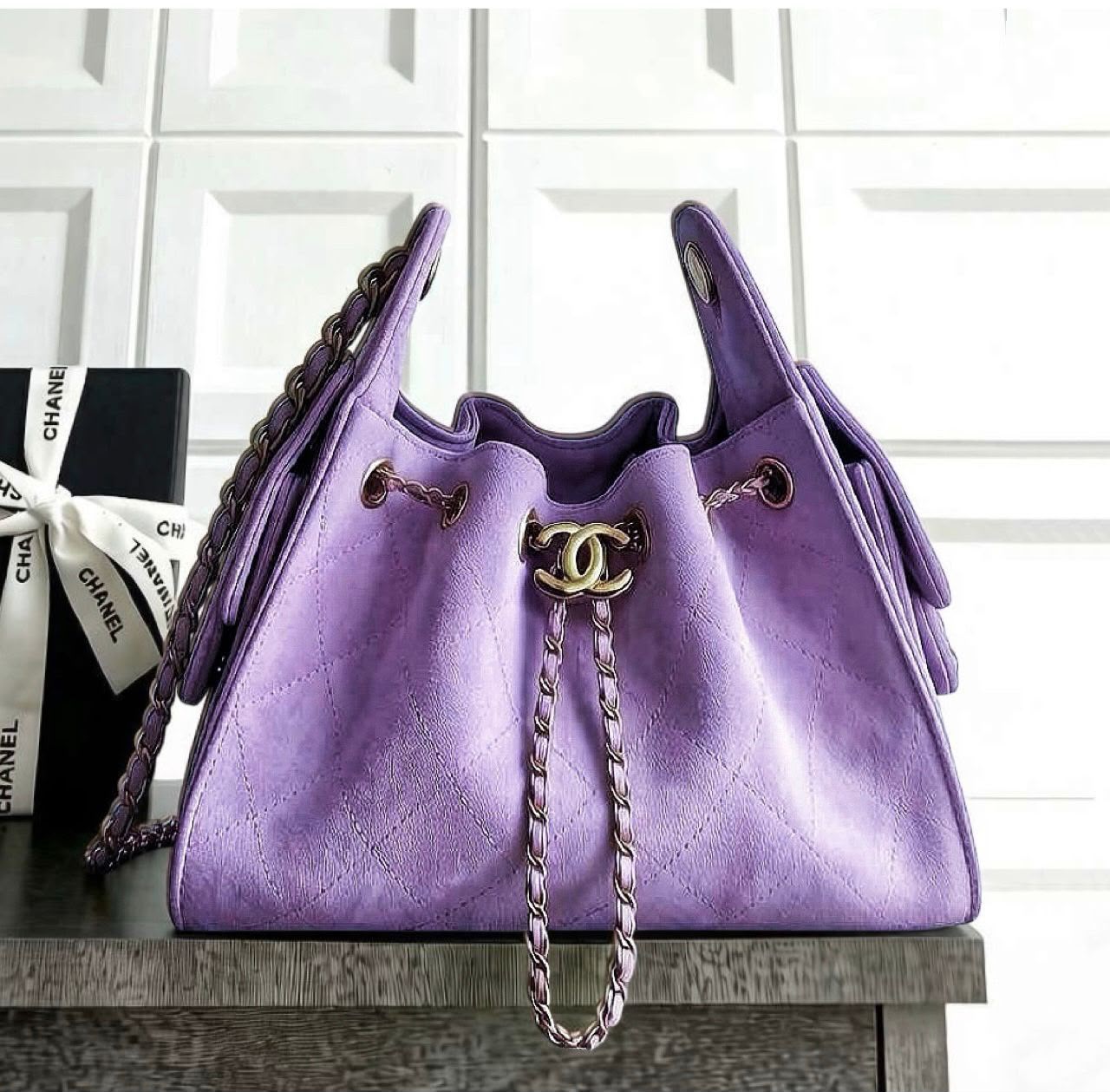 Quilted Drawstring Bucket Bag 28 cm - Purple
