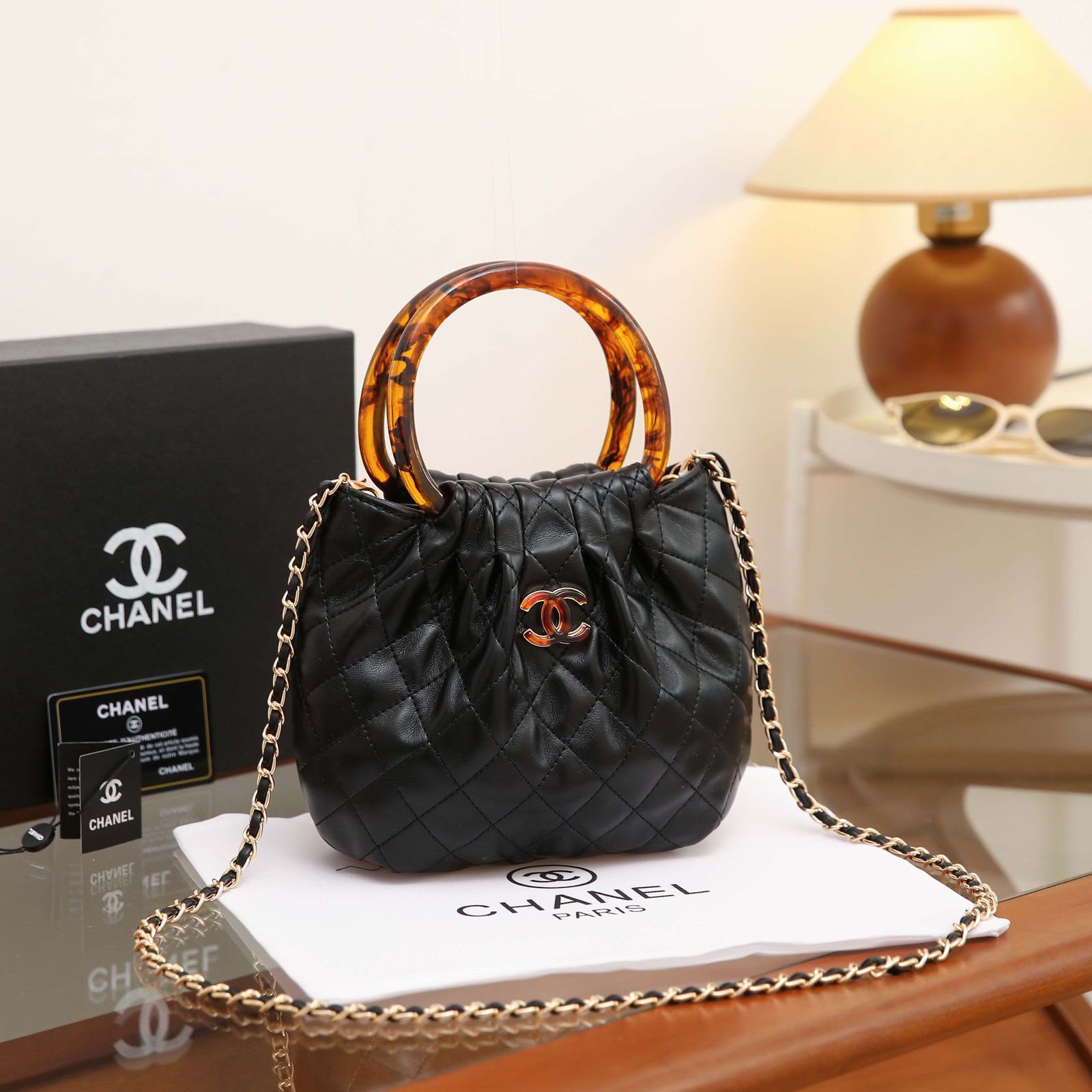 24 cm Quilted Mini Top Handle Chain Shoulder Bag in Black