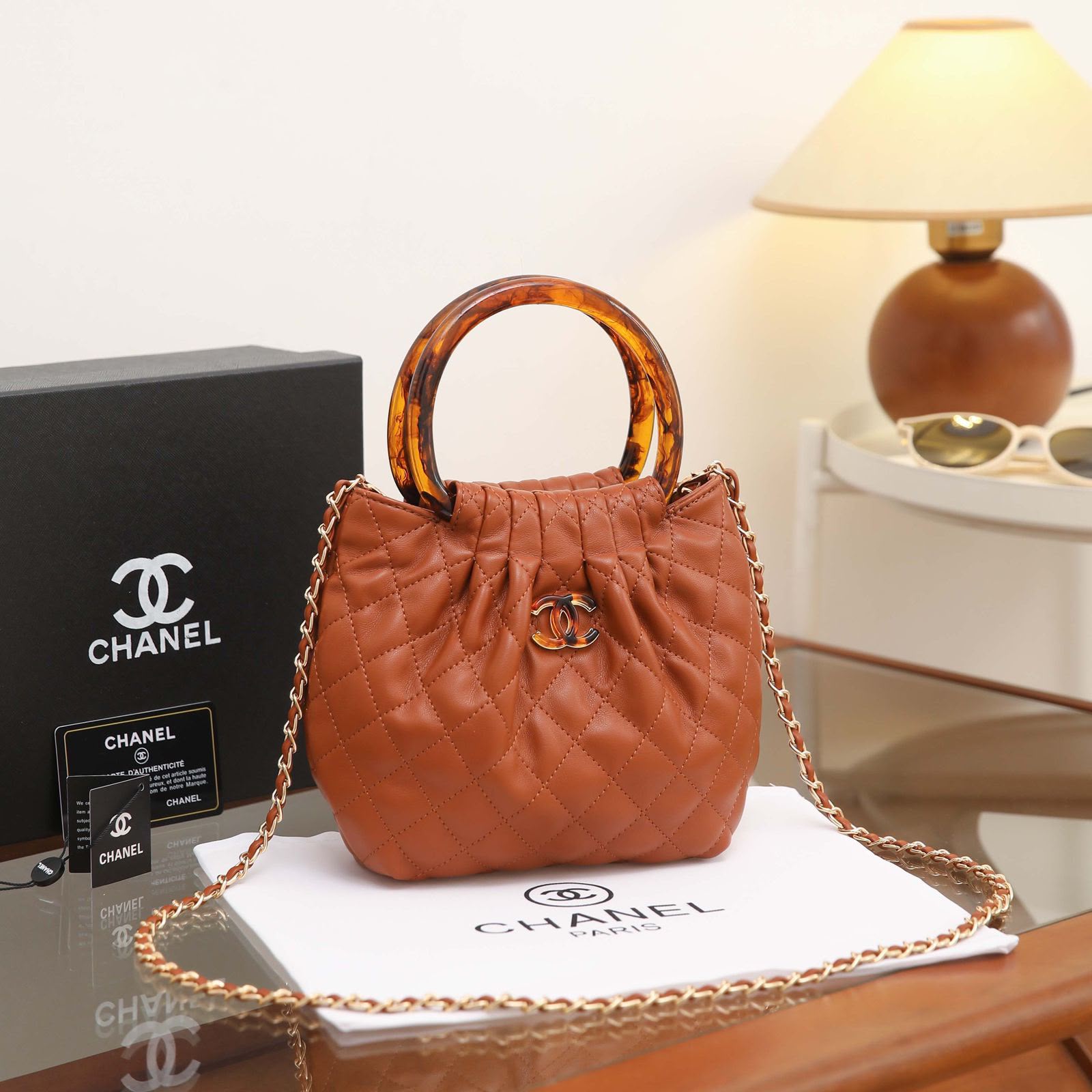 24 cm Quilted Mini Top Handle Chain Shoulder Bag in Tan Brown