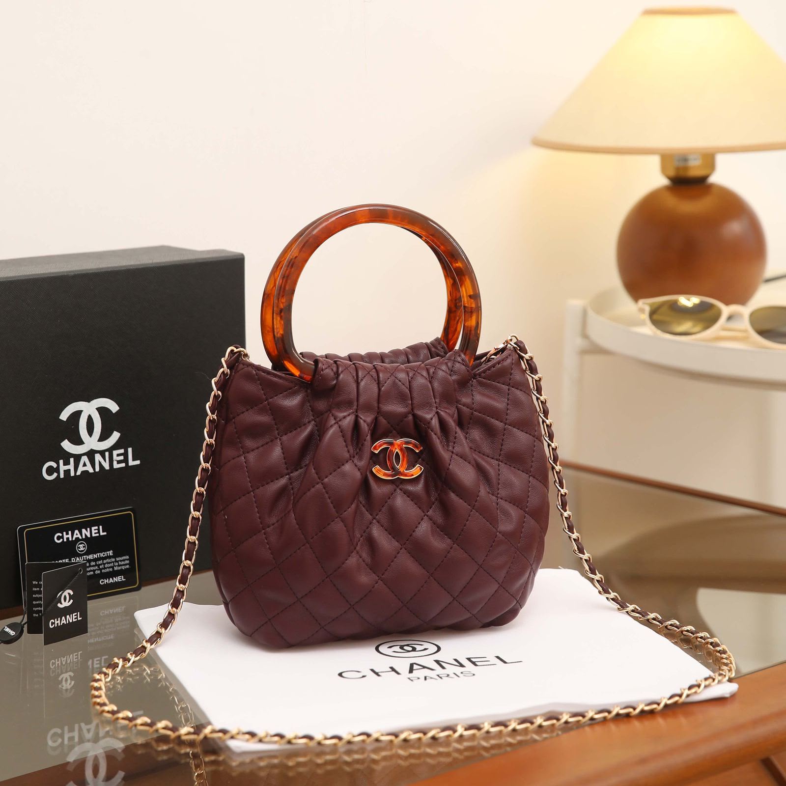 24 cm Quilted Mini Top Handle Chain Shoulder Bag in Burgundy