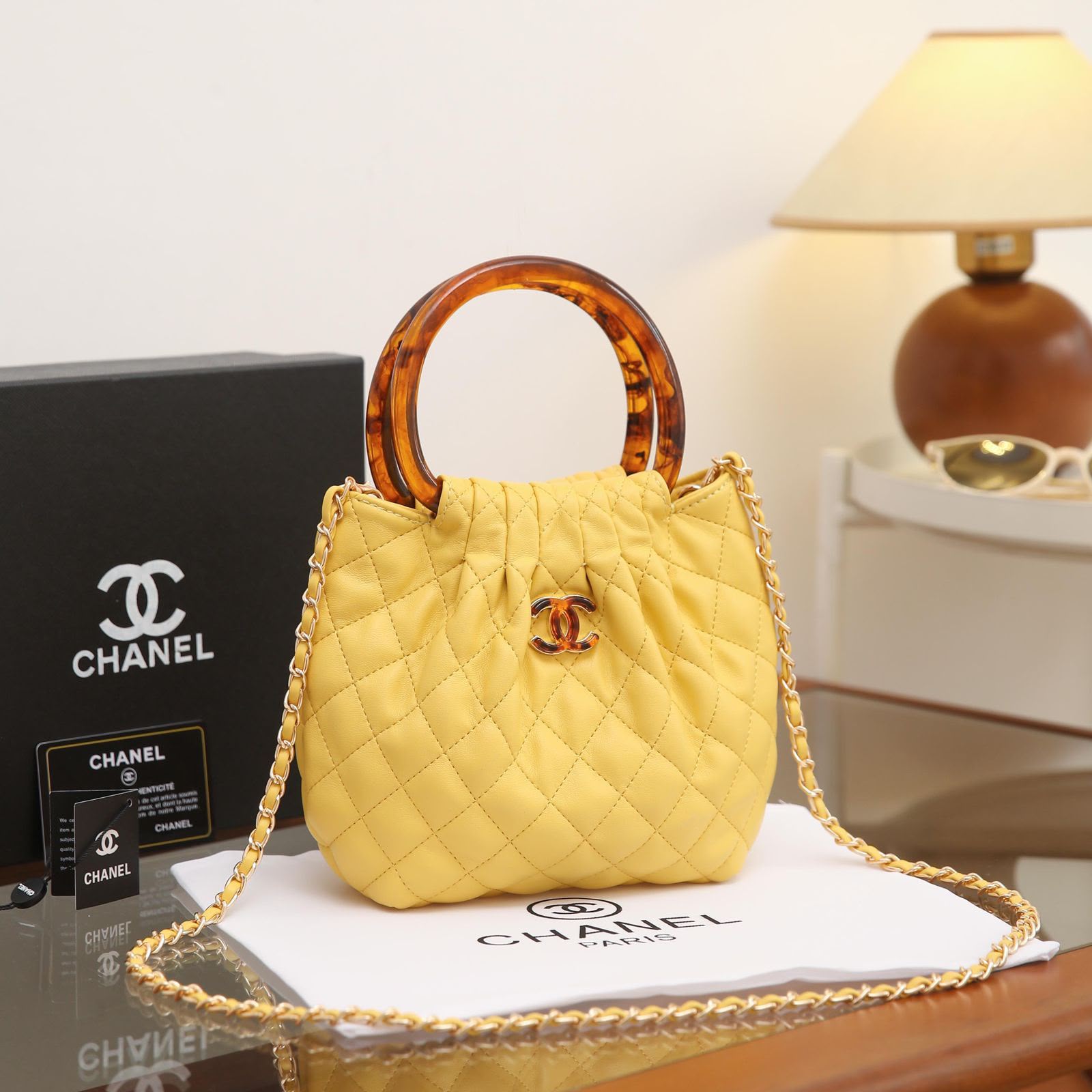 24 cm Quilted Mini Top Handle Chain Shoulder Bag in Lemon Yellow