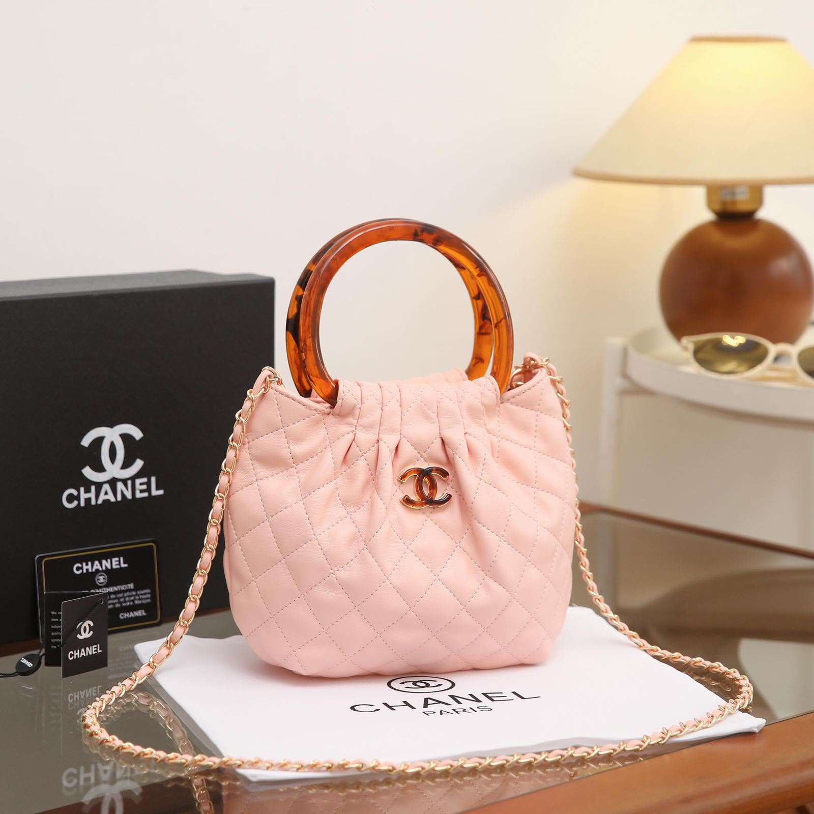24 cm Quilted Mini Top Handle Chain Shoulder Bag in Blush Pink