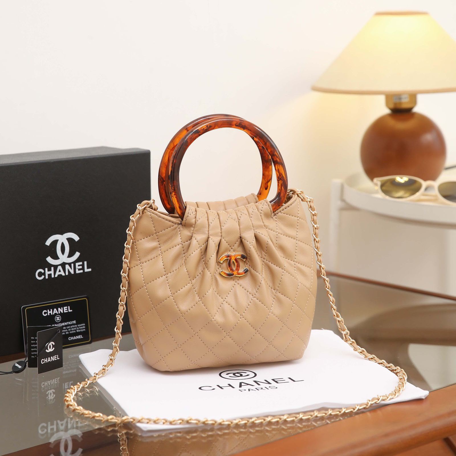 24 cm Quilted Mini Top Handle Chain Shoulder Bag in Beige