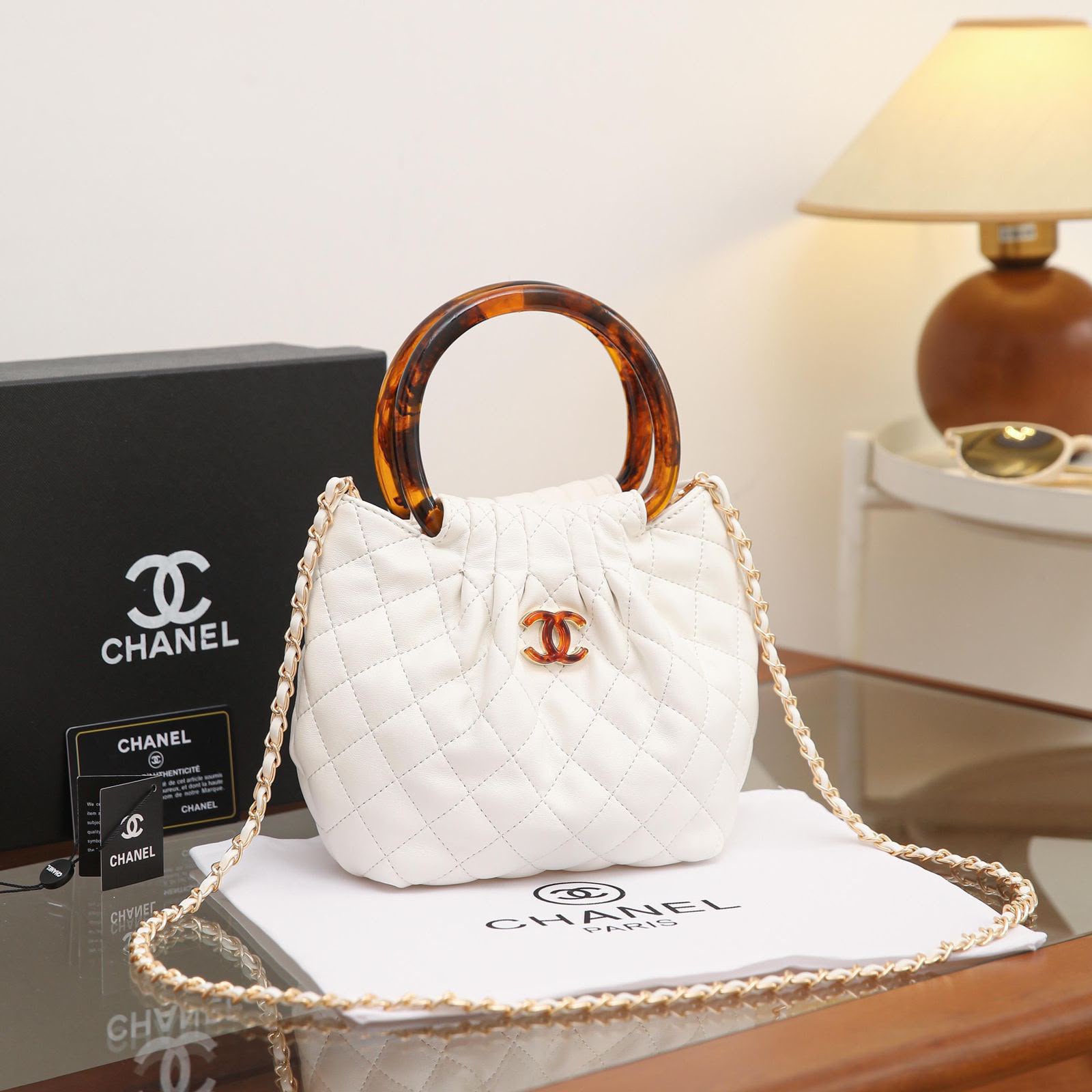 24 cm Quilted Mini Top Handle Chain Shoulder Bag in Ivory White