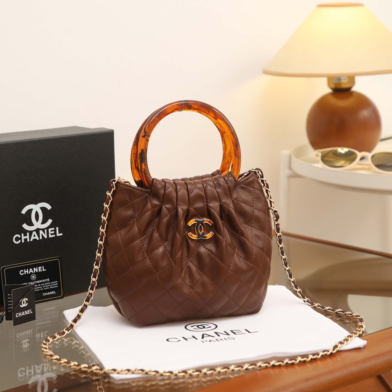 24 cm Quilted Mini Top Handle Chain Shoulder Bag in Chocolate Brown