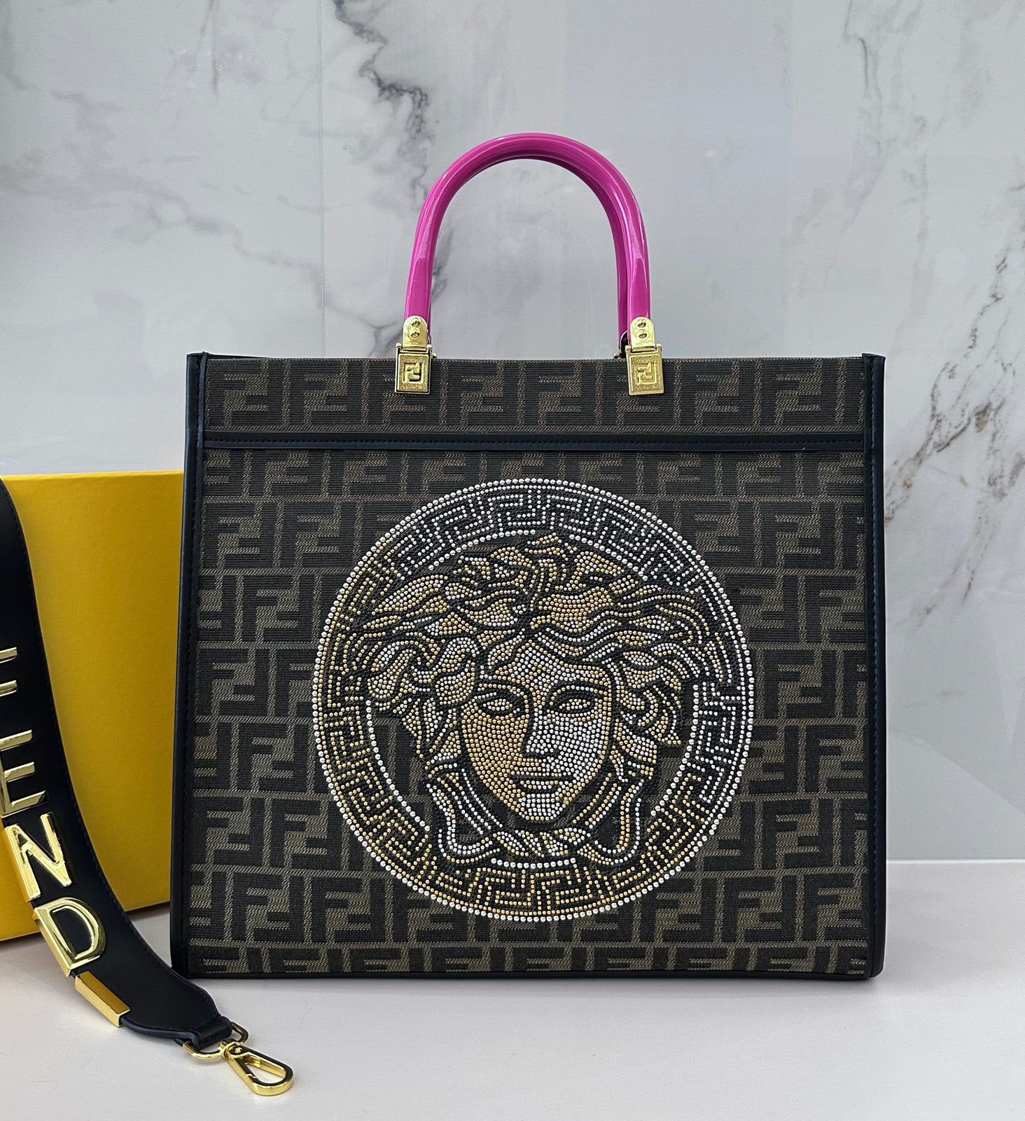 Fendi 36 cm crystal Medusa tote bag in black FF monogram