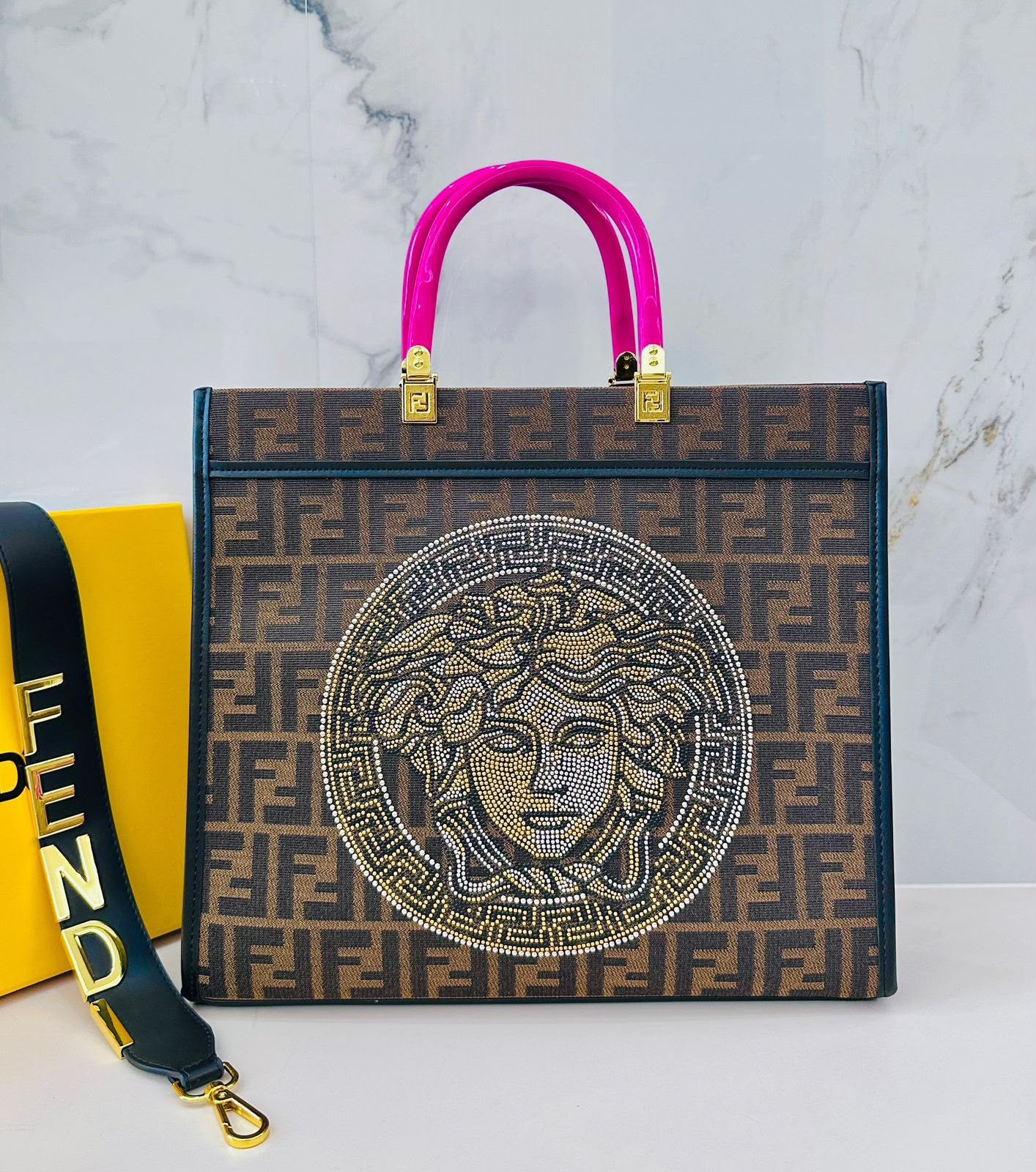 Fendi 36 cm crystal Medusa tote bag in brown FF monogram