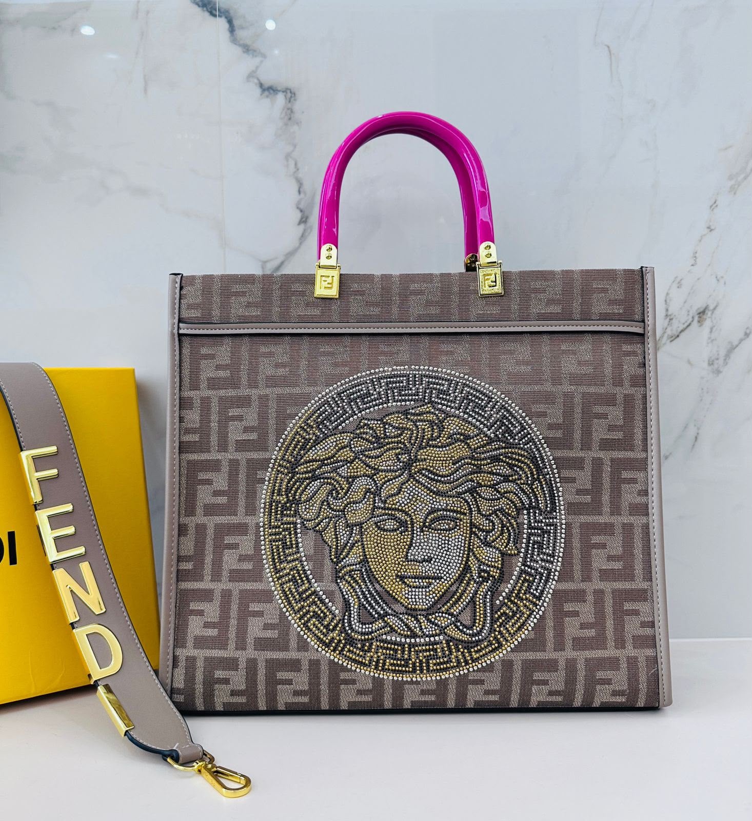 Fendi 36 cm crystal Medusa tote bag in taupe grey FF monogram
