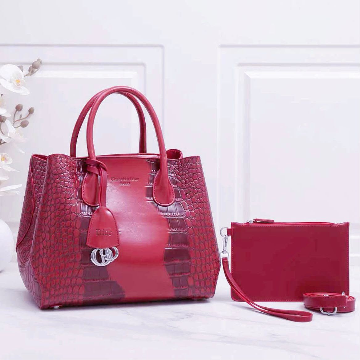 Red croc texture tote bag set with matching pouch