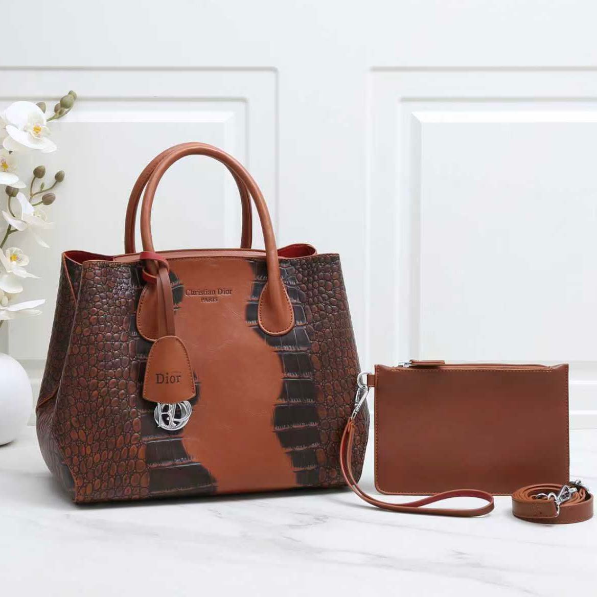 Tan Brown croc texture tote bag set with matching pouch