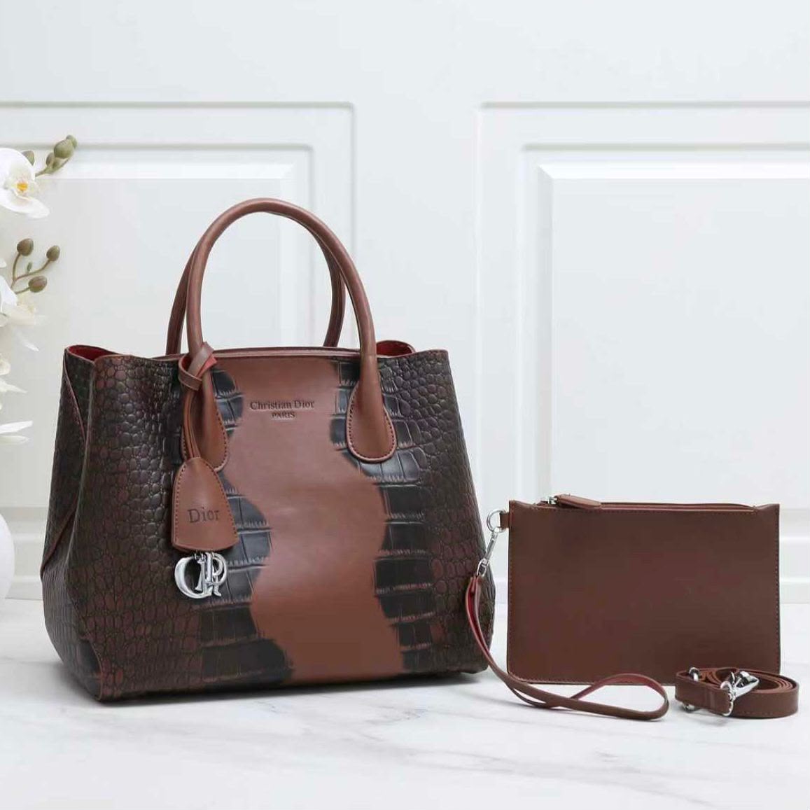 Dark Brown croc texture tote bag set with matching pouch