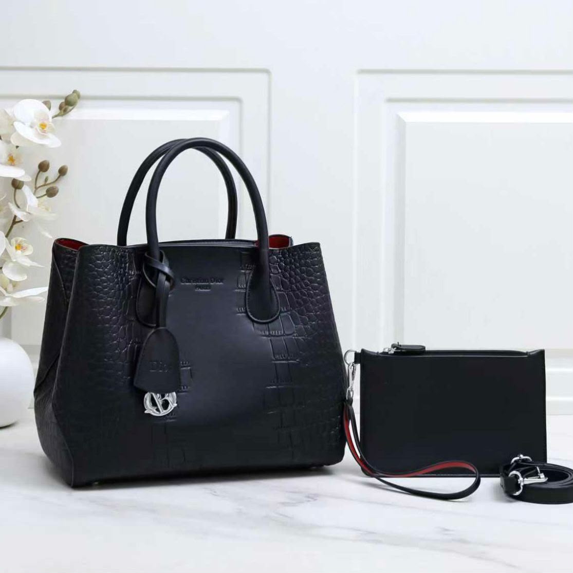 Black croc texture tote bag set with matching pouch