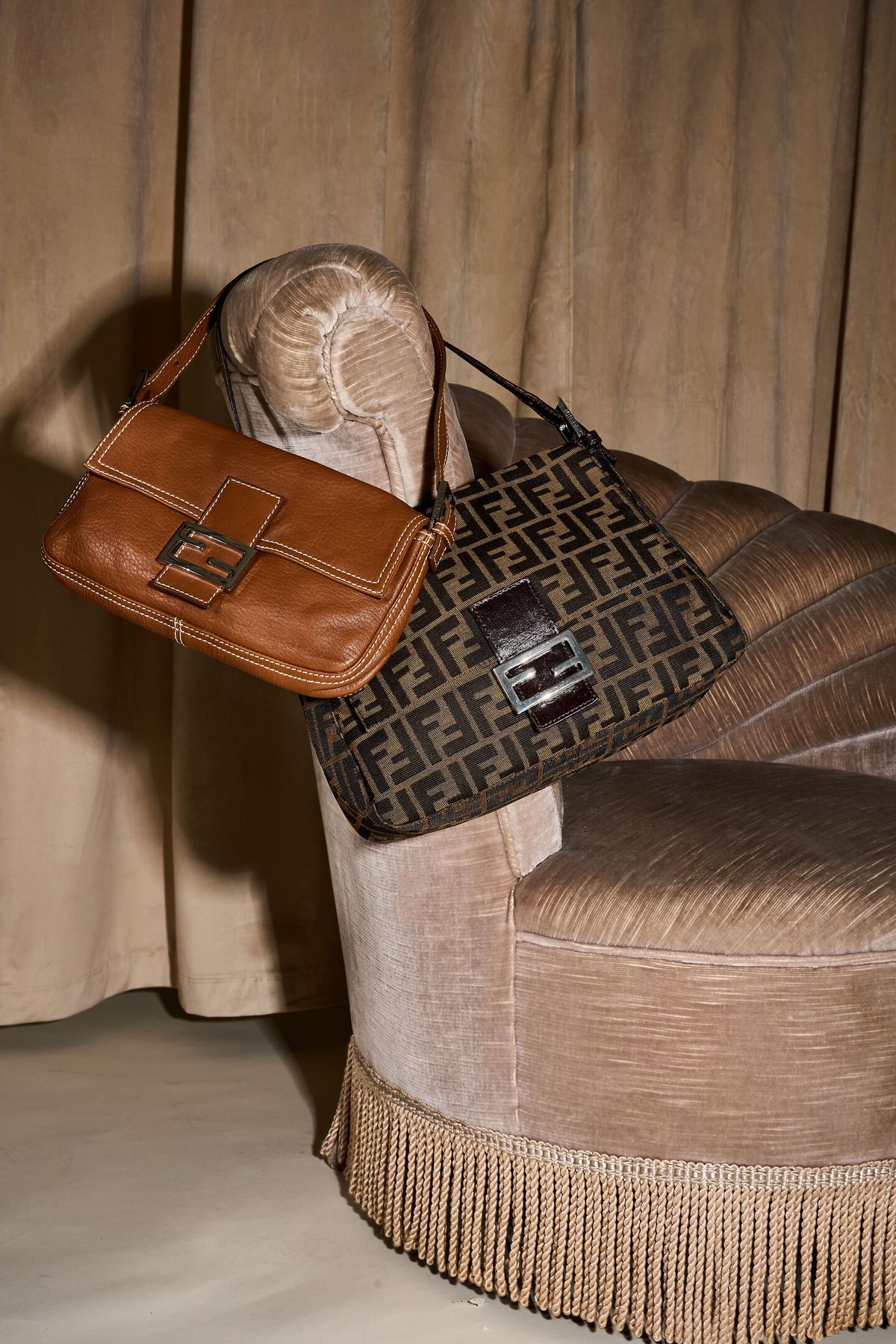 Dark Brown Fendi style gold chain shoulder bag 36 cm